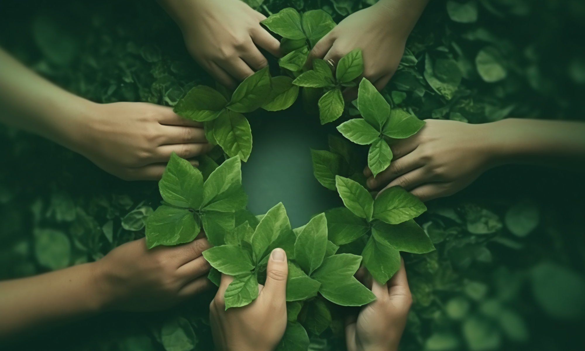 hands creating a wreath of green leaves