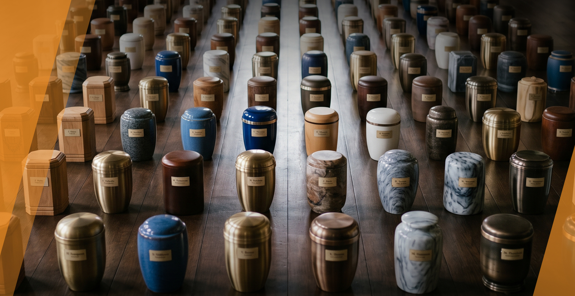 Numerous cremation urns neatly arranged on a floor